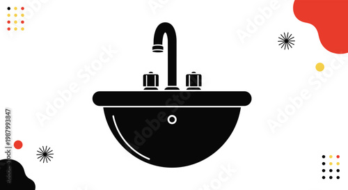 Minimalist black silhouette of a classic bathroom sink with dual handles and a curved faucet set against a geometric background.