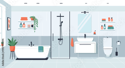 Clean and modern bathroom interior featuring a large bathtub, a glass-walled shower, a white vanity, and various green plants.