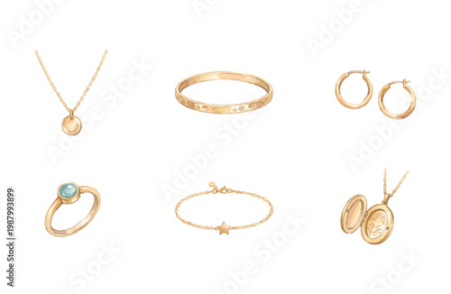 Watercolor Gold Jewelry Collection Icons Set on White Background
