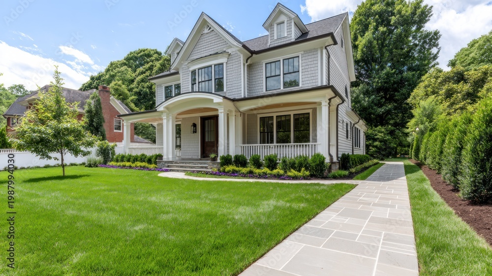 Fototapeta premium Elegant two-story house with a manicured lawn, paved walkway, and lush greenery in a serene setting