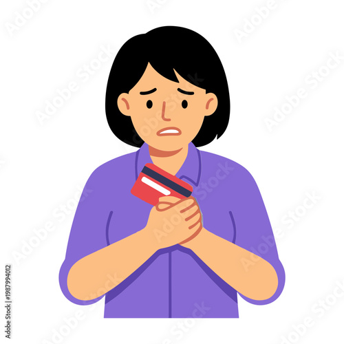 Woman worriedly holds her credit card in hands