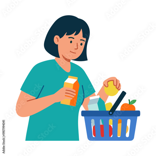 Woman shopping groceries with basket full of food and drinks