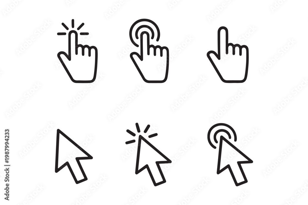Fototapeta premium cursor icon set. mouse click pointer icons. vector illustration of arrow, hand pointer, click effect, arrow pointer, icons. classic UI cursor pack for web app interfaces and digital design.