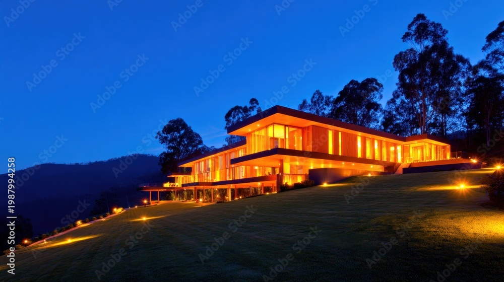 Fototapeta premium Modern hillside home illuminated at dusk with glowing windows and surrounded by serene nature