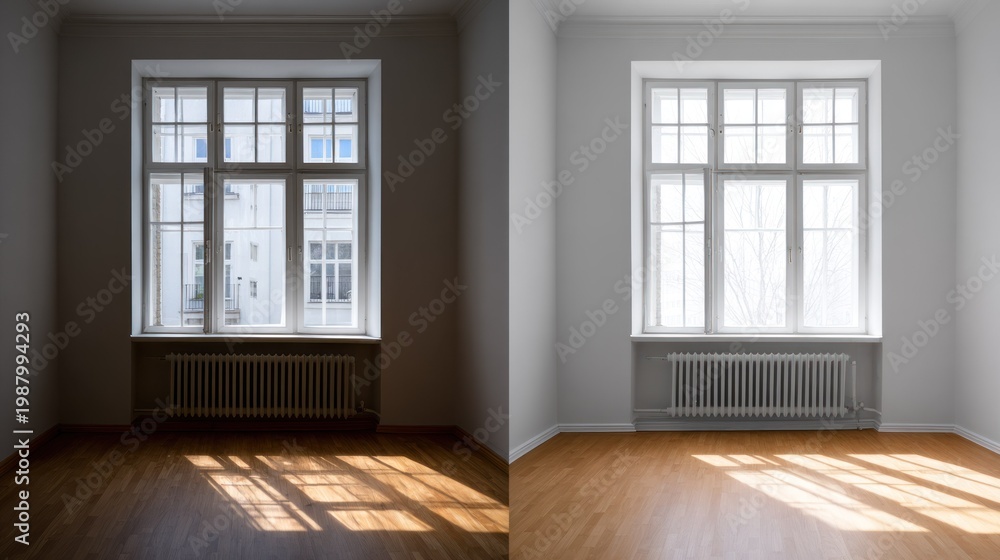 Obraz premium Bright room comparison of two spaces with wooden floors, featuring large grid windows and radiators
