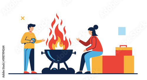 Man and woman enjoy a backyard barbecue while standing near a charcoal grill with large flames and a red cooler nearby.