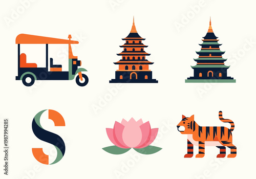 Southeast Asia Travel and Culture Vector Icon Set featuring Tuk-Tuk, Buddhist Pagodas, Tiger, and Lotus Flower in Minimalist Flat Style