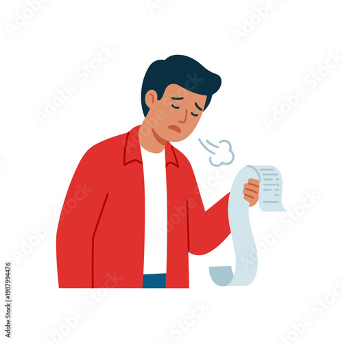 Man looks stressed while holding a long receipt indoors