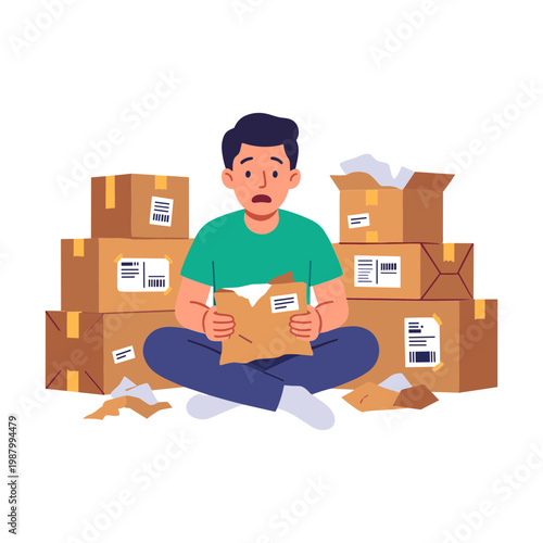 Man sitting cross-legged surrounded by stacked boxes unpacking a letter
