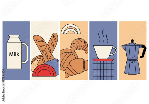 Minimalist Breakfast and Coffee Illustration Set with Croissants, Moka Pot, Baguette, and Milk in Flat Design Style