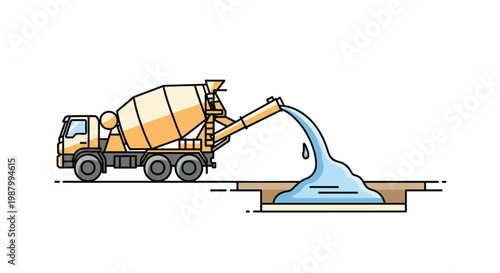 Construction site scene shows a cement truck with a chute pouring fresh liquid concrete into a prepared ground trench for a foundation.