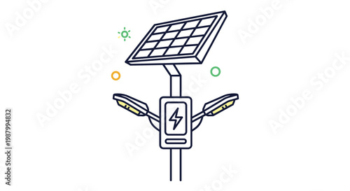 Solar powered street light with two lamps and a battery pack is shown in a clean line drawing style, representing green energy.