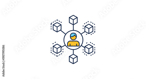 Conceptual illustration of a person connected to a decentralized network of digital cubes representing blockchain technology and data.