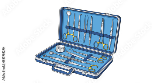 Professional dental instrument kit arranged inside a blue protective carrying case for easy transport and organized clinic office use.