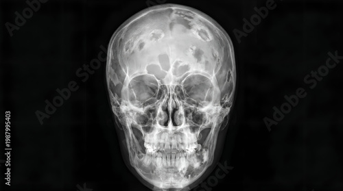 Anatomical skull X-ray showing pathological bone cancer patterns for medical education