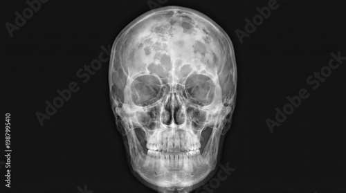 Medical radiograph of a human skull with cancerous bone growth isolated on black background