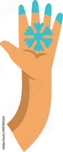 Hand showing blue colored fingernails and a snowflake symbol on the palm