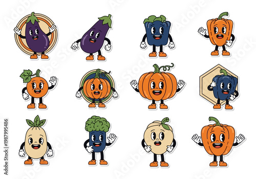 Vintage Cartoon Vegetable Characters Collection, Retro 1930s Rubber Hose Style Mascot Set with Eggplant, Pumpkin, and Bell Peppers for Stickers and Branding