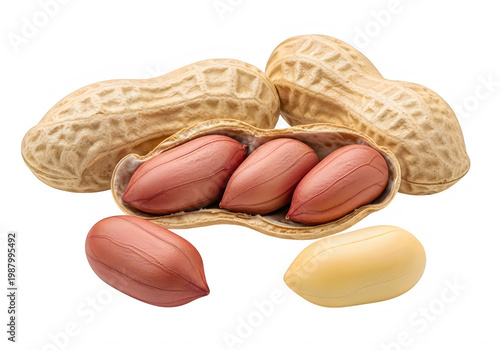 Peanuts and peanut shells on transparent background