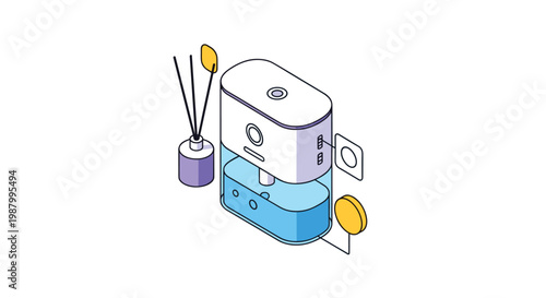 Electronic air humidifier and aroma diffuser with wooden sticks and control buttons for improving home air quality and atmosphere.