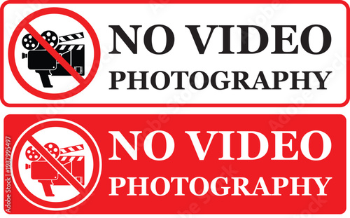 "Red and white no video photography sign set, horizontal prohibition banners with classic movie camera icon.""Safety warning notice for prohibited video recording, restricted filming sign for cinema, 