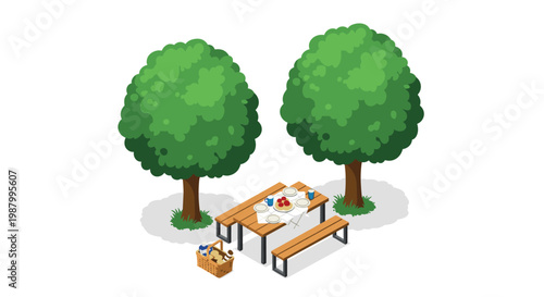 Picnic table with a white tablecloth and food set under the shade of two large leafy green trees for an outdoor dining experience.