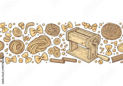 Vintage Hand-Drawn Pasta Maker and Assorted Italian Pasta Seamless Border Illustration. Engraving Style Tagliatelle, Farfalle, and Noodle Nests Background.