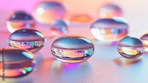 A close-up view of several shiny transparent gel capsules reflecting colorful light on a smooth surface