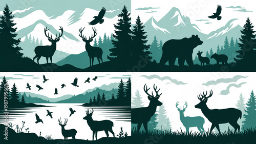 Nature silhouettes forest and mountain wildlife collection.