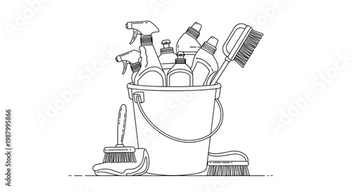 Plastic cleaning bucket filled with various spray bottles and brushes for chores and professional janitorial services in an office.