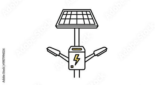 Sustainable solar powered street light with two lamps and a photovoltaic panel for energy efficient outdoor lighting.