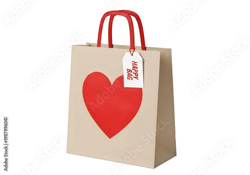 Beige shopping bag with red heart and happy bag tag on transparent background