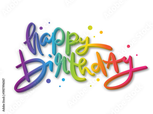 HAPPY BIRTHDAY colorful brush calligraphy banner with dots on transparent background