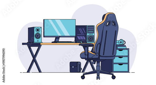 Modern gaming and workstation setup with a high performance computer and large monitor on a desk with an ergonomic chair.