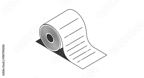 Isometric view of a roll of paper or document with printed lines representing a receipt or list of information.