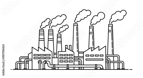 Industrial Factory Building with Smoke Stacks Emitting Smoke.