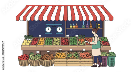 Woman shopping at traditional outdoor market stall filled with fresh organic vegetables and fruits in crates and baskets.