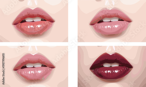 

Realistic Glossy Lips Set with Pink, Nude, and Dark Red Lipstick Shades for Beauty, Makeup, and Cosmetic Brand Designs