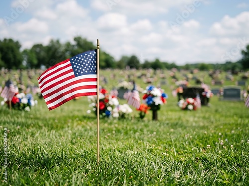 American Flag on Grave at Memorial Day Cemetery