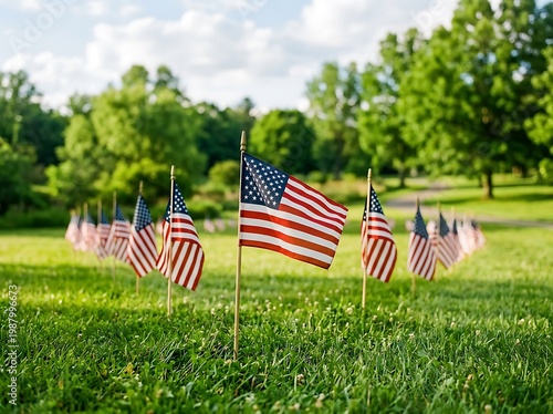 American Flags Display in Green Grass Field for Memorial Day