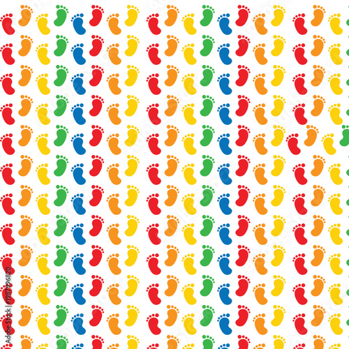 A unique pattern of vertical rows of colorful footprints. This design symbolizes the journey of the autistic community, focusing on "taking steps" toward a more inclusive and accessible future for all