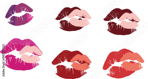 colorful lipstick kiss mark set with red, pink, burgundy, and purple lip print stamps for beauty, valentine, and fashion designs
