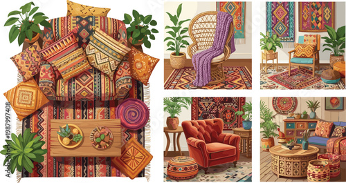 Bohemian Living Room Interior Set with Ethnic Rugs, Cushions, Rattan Chair, Plants, and Colorful Tribal Pattern Decor for Home Designs