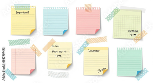 Collection of colorful sticky notes with handwritten messages and tape.