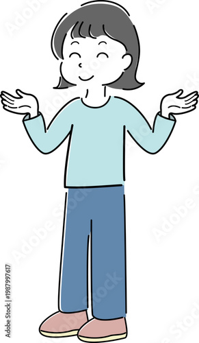 両手を広げた笑顔の女性の全身シンプルイラスト（案内・解説・困惑・お手上げ・人物）/Full body woman spreading hands and smiling simple line illustration (guidance, explanation, advice, helpless gesture, people)e)