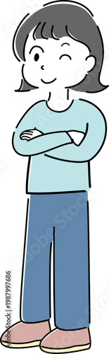 腕を組んでウインクする女性の全身シンプルイラスト（案内・解説・アドバイス・人物素材） /
Full body woman with arms crossed winking simple line illustration (guidance, explanation, advice, tips)