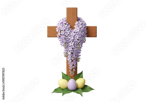 Easter cross with purple flowers and eggs isolated on transparent background