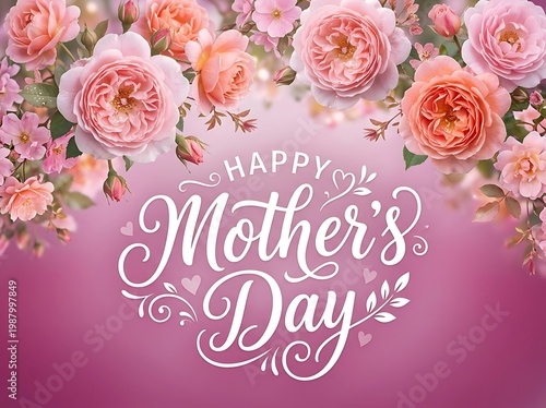 Happy Mother's Day Greeting Card with Beautiful Pink Rose Flowers