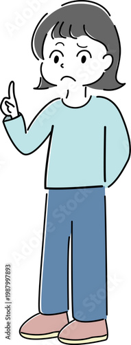 困った顔で指差しする女性の全身シンプルイラスト（注意・解説・疑問・不満・困惑・人物素材） /
Full body worried woman pointing simple line illustration (explaining, warning, question, confusion, unsatisfied,  complain, compare, trouble)