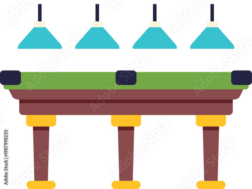 Colorful flat design of a billiards table with four hanging blue lights above it